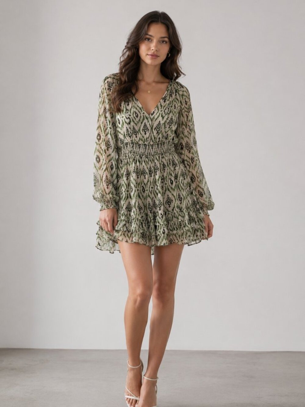 ZARA Cream Green Ikat Print Mini Dress Long Sleeve Smocked Size M Boho 0713